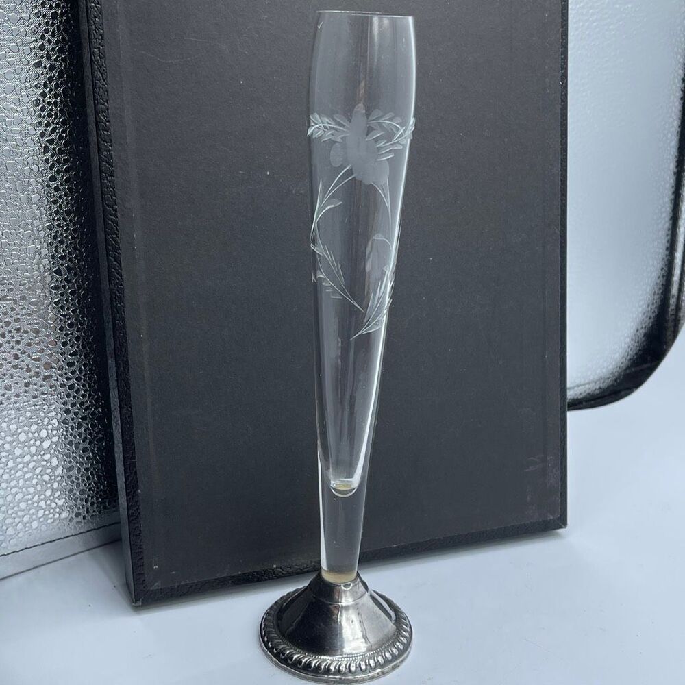 Vintage Sterling crystal etched Duchin Creation Bud vase.